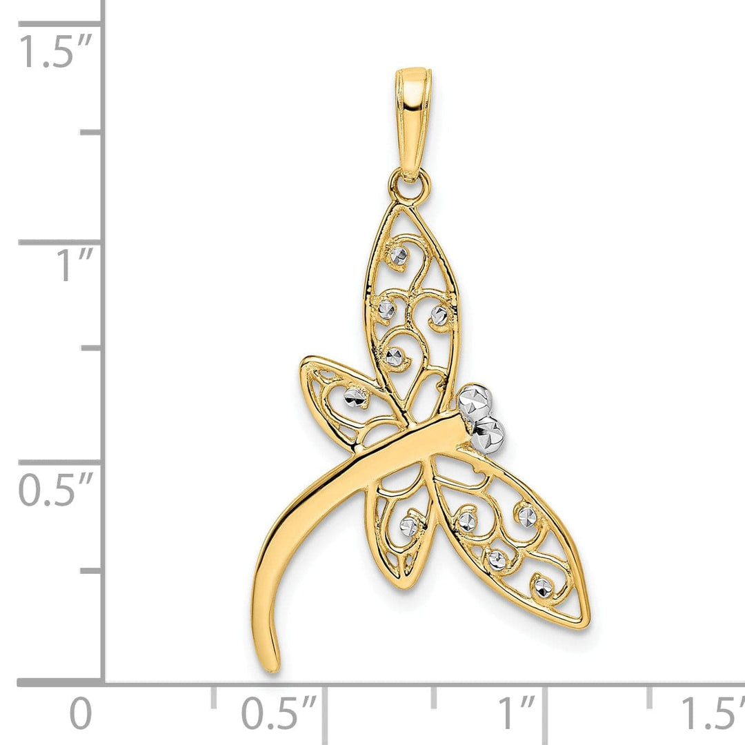 Lovely Rita's Pendants & Charms 14k Yellow Gold White Rhodium Open Back Solid Diamond Cut Polished Finish Filigree Dragonfly Charm Pendant