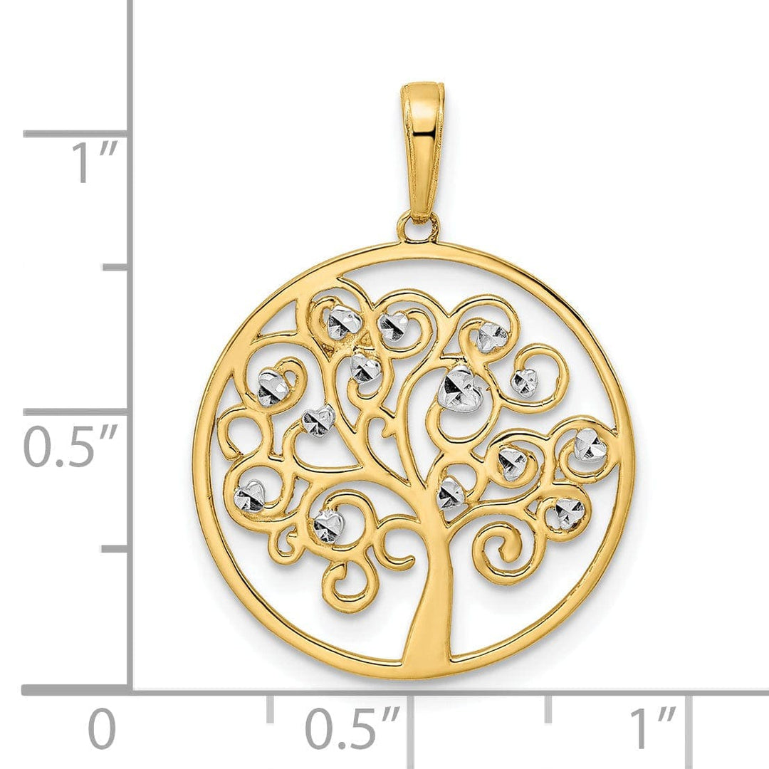 Lovely Rita's Pendants & Charms 14k Yellow Gold White Rhodium Open Back Solid Diamond Cut Polished Finish Tree of Life in Round Shape Frame Charm Pendant
