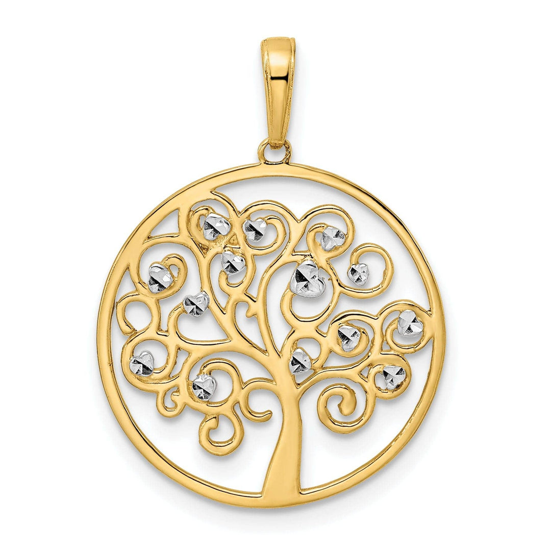 Lovely Rita's Pendants & Charms 14k Yellow Gold White Rhodium Open Back Solid Diamond Cut Polished Finish Tree of Life in Round Shape Frame Charm Pendant