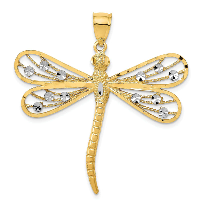 Lovely Rita's Pendants & Charms 14K Yellow Gold White Rhodium Open Back Solid Polished Diamond Cut Filigree Design Dragonfly Charm Pendant