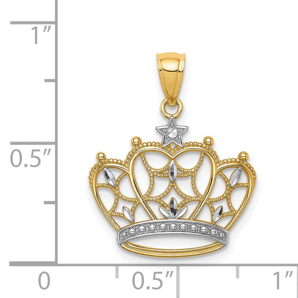 Lovely Rita's Pendants & Charms 14K Yellow Gold White Rhodium Open Back Solid Polished Diamond Cut Finish Filigree Crown Design Charm Pendant