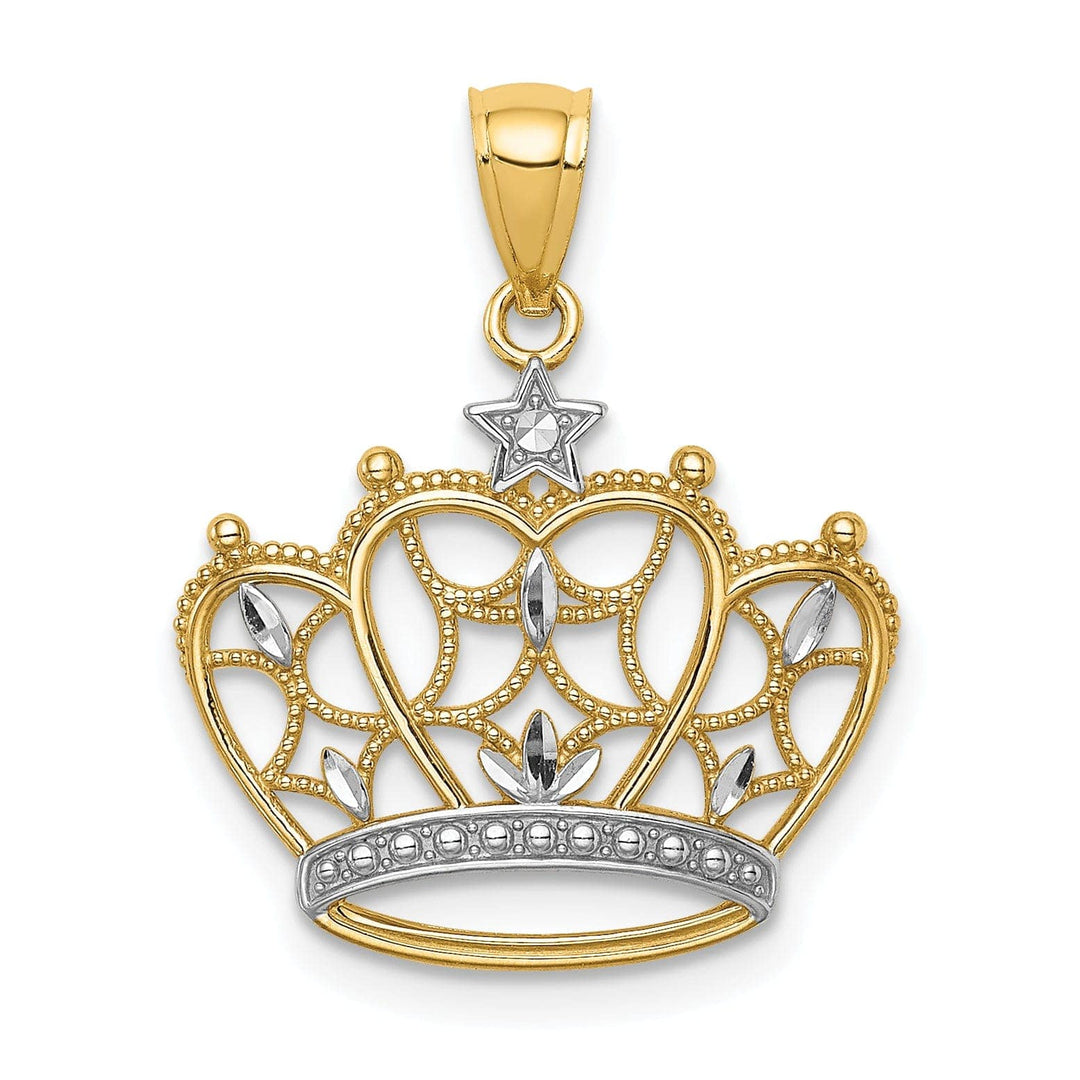 Lovely Rita's Pendants & Charms 14K Yellow Gold White Rhodium Open Back Solid Polished Diamond Cut Finish Filigree Crown Design Charm Pendant