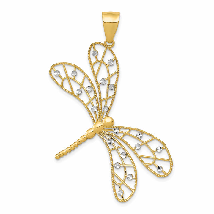 Lovely Rita's Pendants & Charms 14k Yellow Gold White Rhodium Open Back Solid Polished Diamond Cut Finish Filigree Dragonfly Charm Pendant