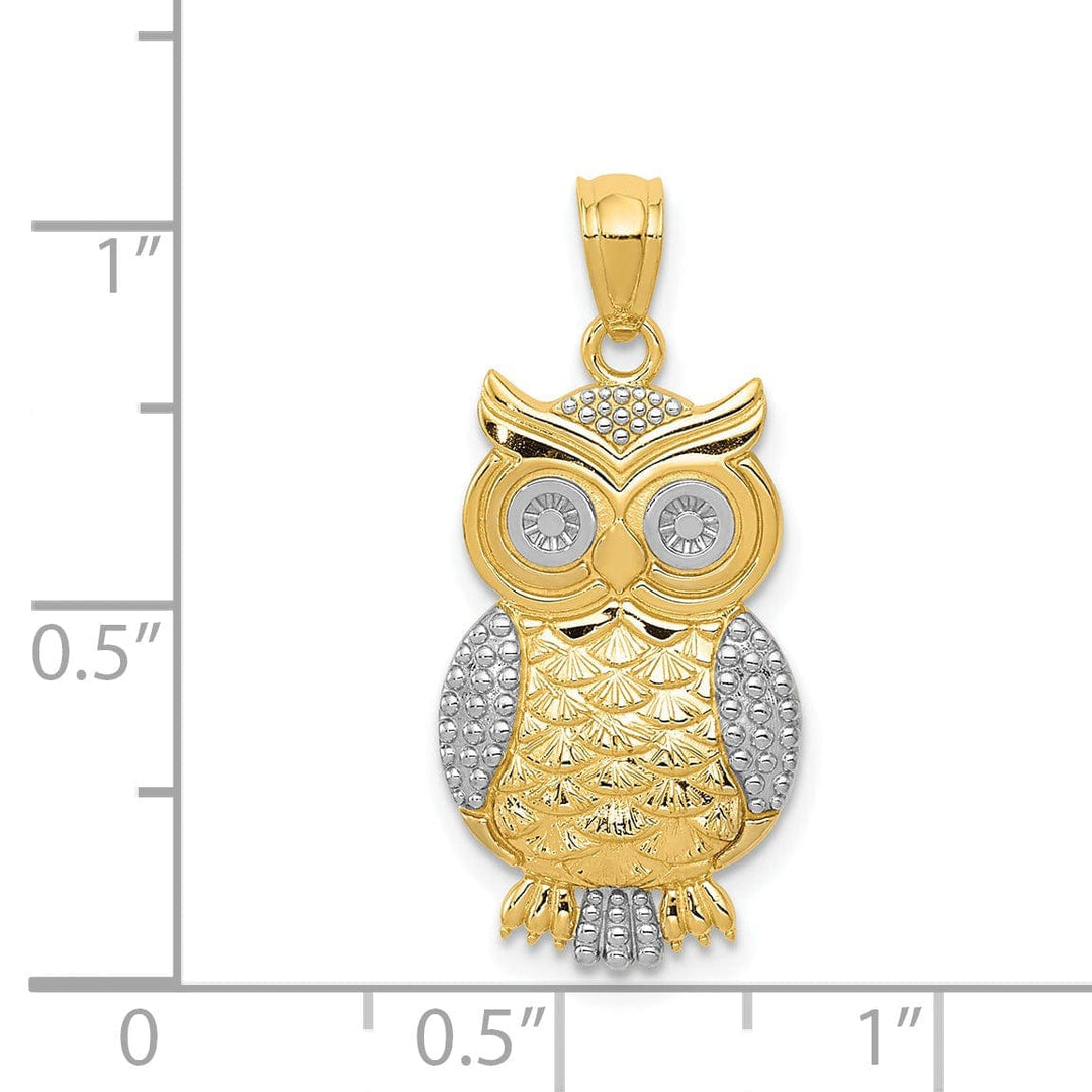 Lovely Rita's Pendants & Charms 14K Yellow Gold White Rhodium Open Back Solid Polished Textured Finish Owl Charm Pendant