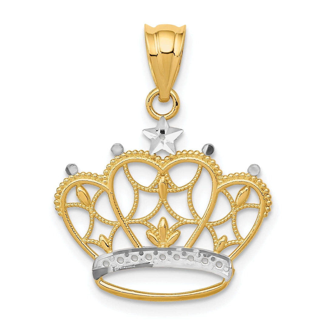 Lovely Rita's Pendants & Charms 14k Yellow Gold White Rhodium Open Back Solid Textured Polished Finish Crown Design Charm Pendant