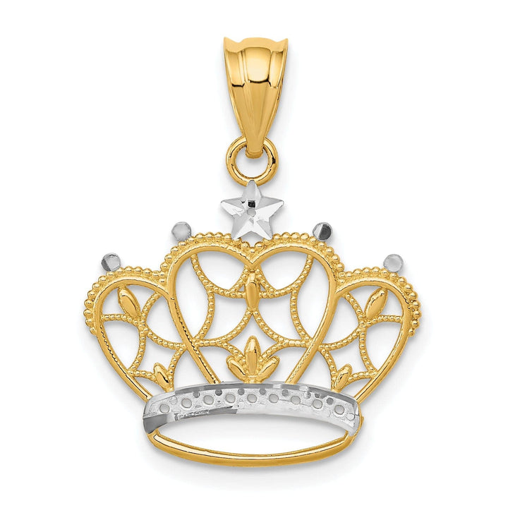 Lovely Rita's Pendants & Charms 14k Yellow Gold White Rhodium Open Back Solid Textured Polished Finish Crown Design Charm Pendant