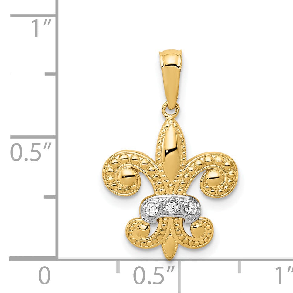 Lovely Rita's Pendants & Charms 14k Yellow Gold White Rhodium Open Back Textured Polished Finish 0.03CT. Diamond Fleur De Lis Design Charm Pendant