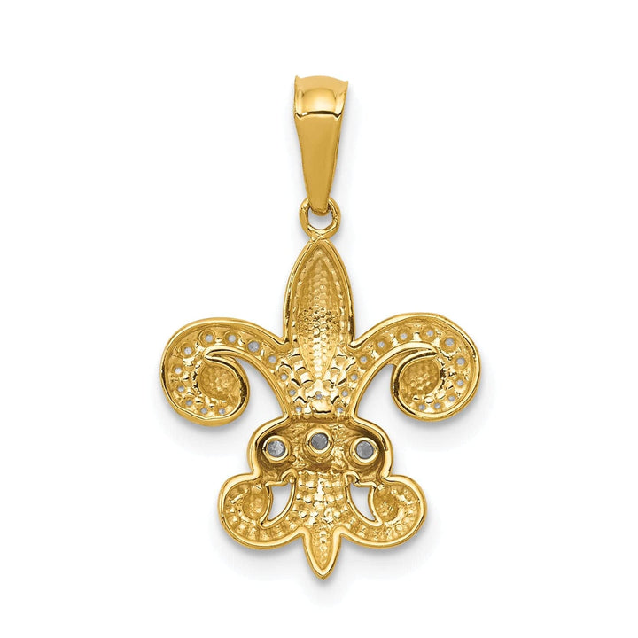 Lovely Rita's Pendants & Charms 14k Yellow Gold White Rhodium Open Back Textured Polished Finish 0.03CT. Diamond Fleur De Lis Design Charm Pendant