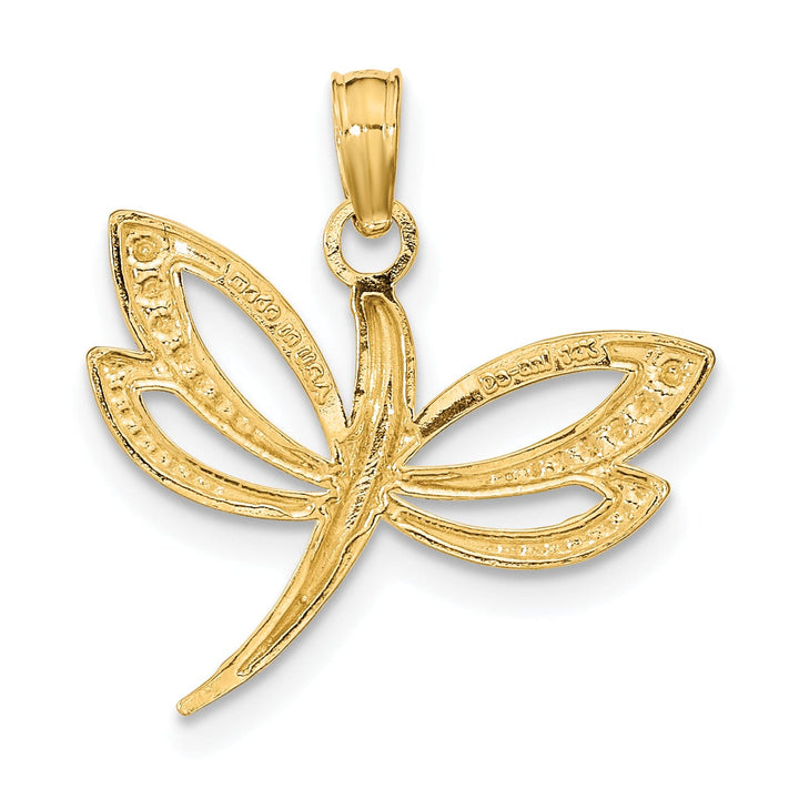 Lovely Rita's Pendants & Charms 14k Yellow Gold White Rhodium Open Back Textured Polished Finish Dragonfly Design Charm Pendant