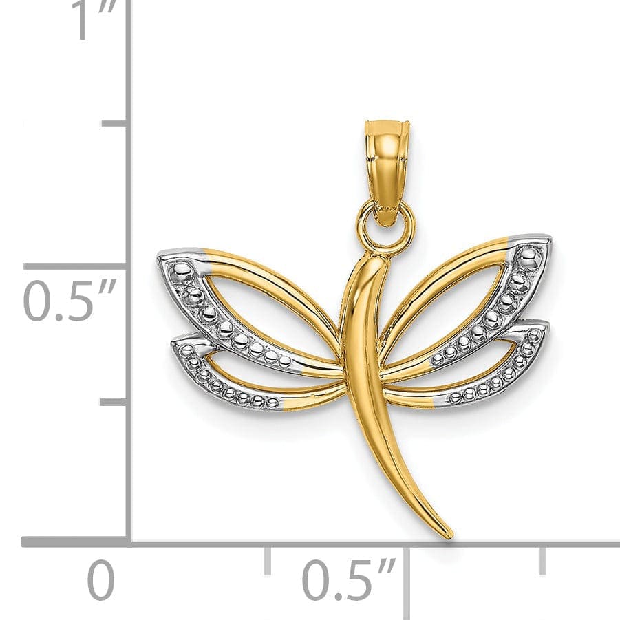 Lovely Rita's Pendants & Charms 14k Yellow Gold White Rhodium Open Back Textured Polished Finish Dragonfly Design Charm Pendant