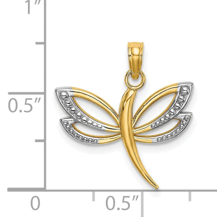 Lovely Rita's Pendants & Charms 14k Yellow Gold White Rhodium Open Back Textured Polished Finish Dragonfly Design Charm Pendant