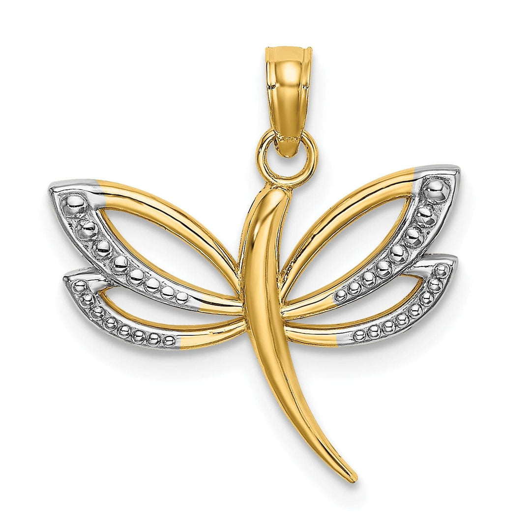 Lovely Rita's Pendants & Charms 14k Yellow Gold White Rhodium Open Back Textured Polished Finish Dragonfly Design Charm Pendant