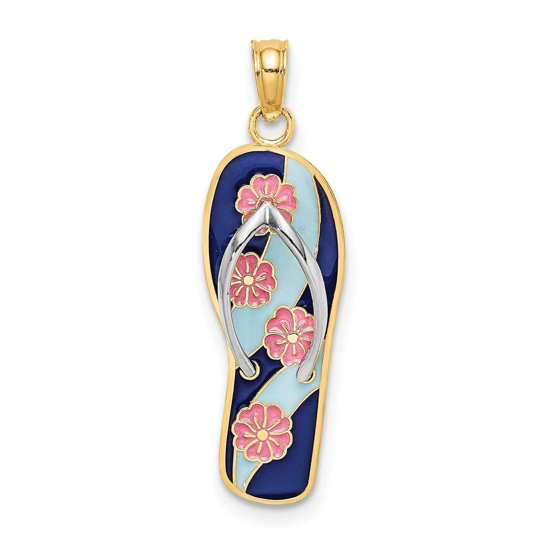 Lovely Rita's Pendants & Charms 14K Yellow Gold, White Rhodium Pink Flowers On Blue Stripes Enamel Finish 3-Dimensional Flip-Flop Sandle Charm Pendant