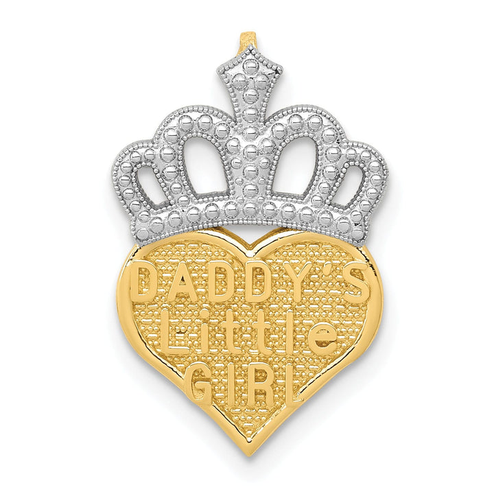 Lovely Rita's Pendants & Charms 14k Yellow Gold, White Rhodium Polished Beaded Textured Finish Daddy's Little Girl Heart Shape with Crown Design Chain Slide Pendant