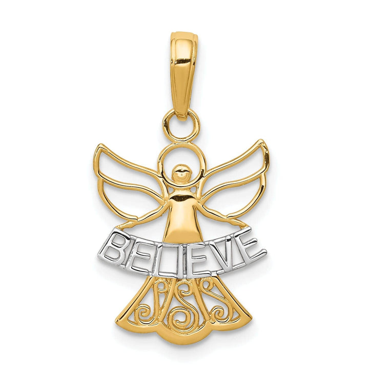 Lovely Rita's Pendants & Charms 14K Yellow Gold White Rhodium Polished Concave BELIEVE Angel Pendant