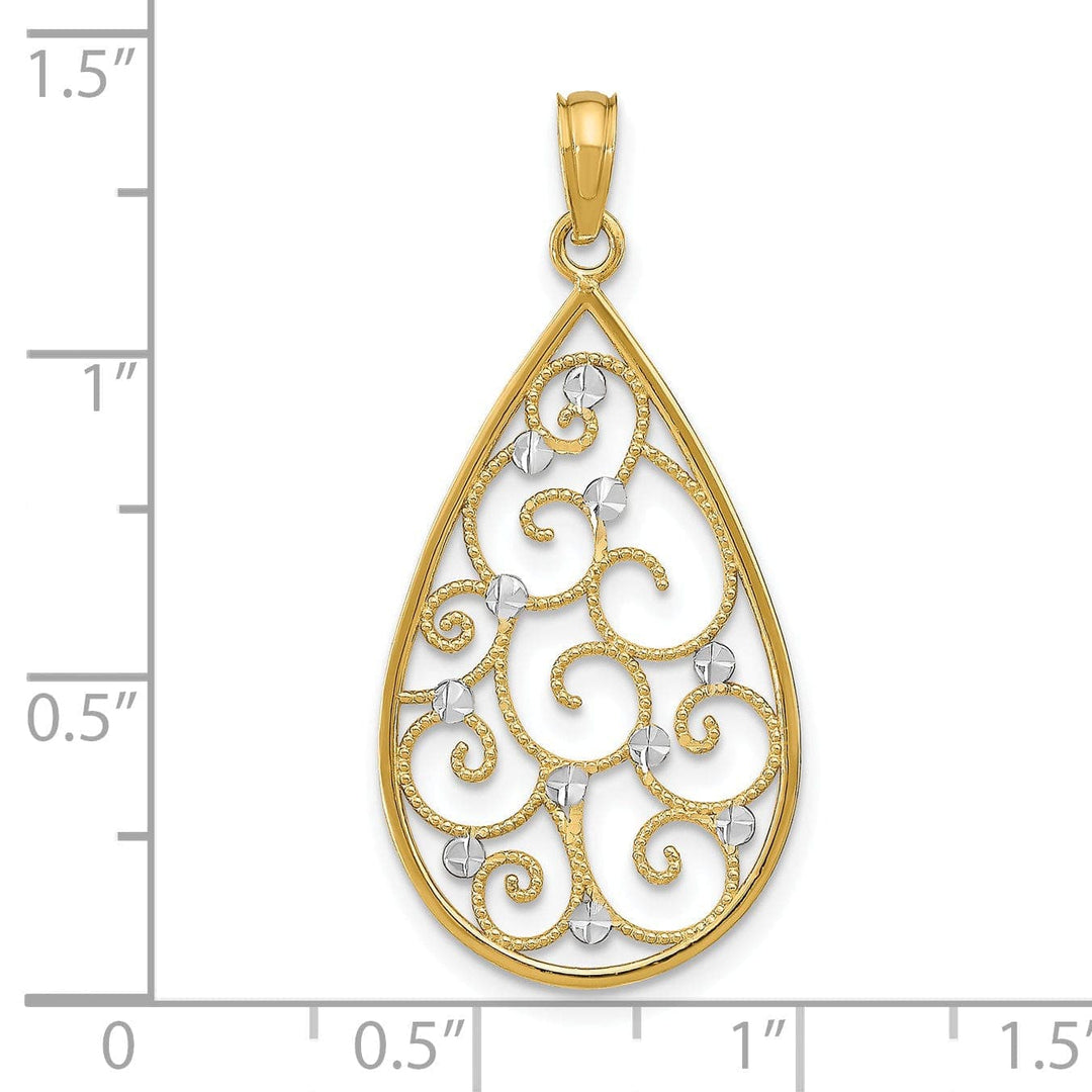 Lovely Rita's Pendants & Charms 14K Yellow Gold, White Rhodium Polished Diamond Cut Beaded Finish Filigree Teardrop Design Pendant