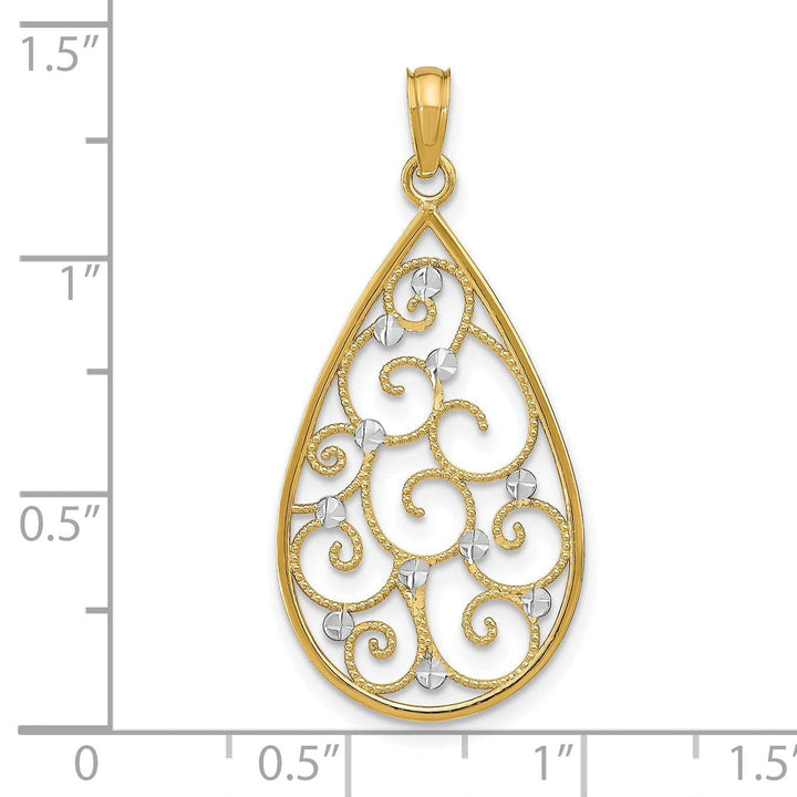 Lovely Rita's Pendants & Charms 14K Yellow Gold, White Rhodium Polished Diamond Cut Beaded Finish Filigree Teardrop Design Pendant