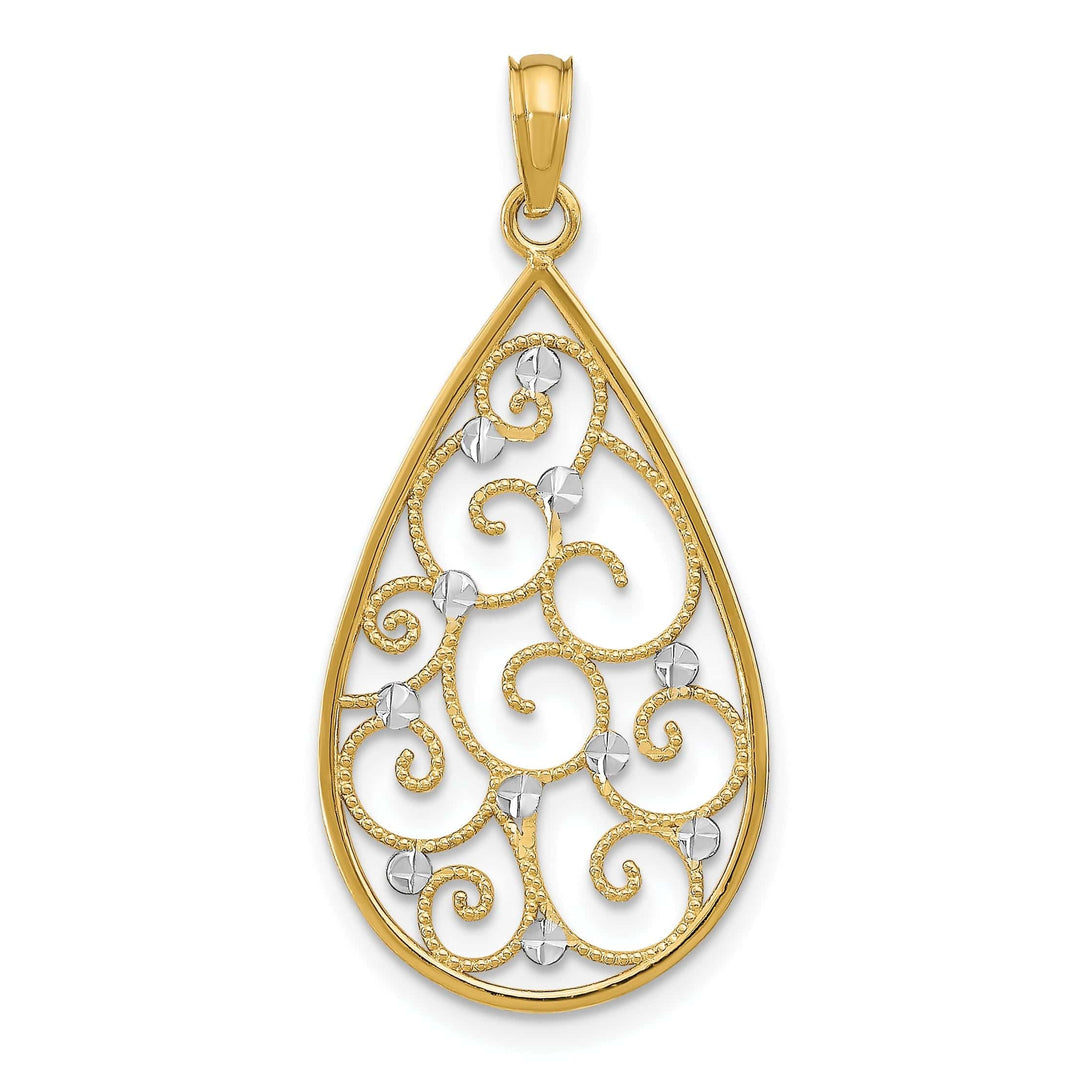 Lovely Rita's Pendants & Charms 14K Yellow Gold, White Rhodium Polished Diamond Cut Beaded Finish Filigree Teardrop Design Pendant