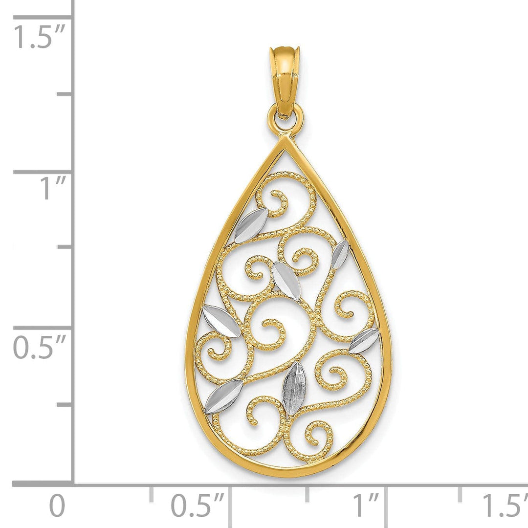 Lovely Rita's Pendants & Charms 14K Yellow Gold, White Rhodium Polished Diamond Cut Finish Beaded Filigree Teardrop Design Pendant