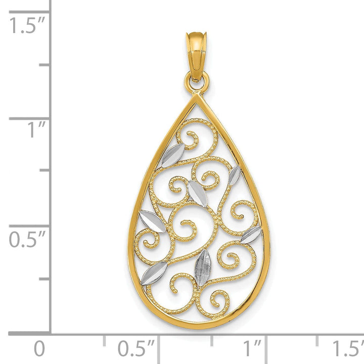 Lovely Rita's Pendants & Charms 14K Yellow Gold, White Rhodium Polished Diamond Cut Finish Beaded Filigree Teardrop Design Pendant