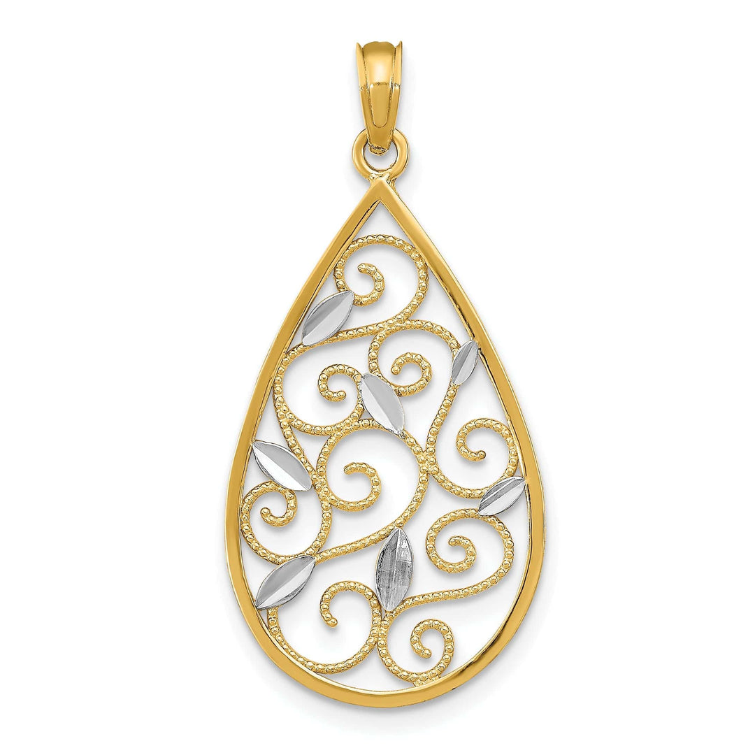 Lovely Rita's Pendants & Charms 14K Yellow Gold, White Rhodium Polished Diamond Cut Finish Beaded Filigree Teardrop Design Pendant