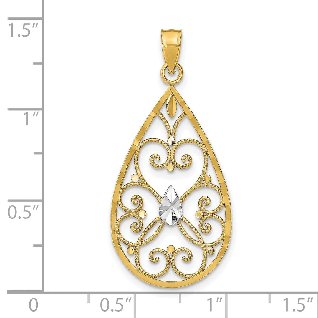 Lovely Rita's Pendants & Charms 14K Yellow Gold, White Rhodium Polished Diamond Cut Finish Beaded Hearts Filigree Teardrop Design Pendant