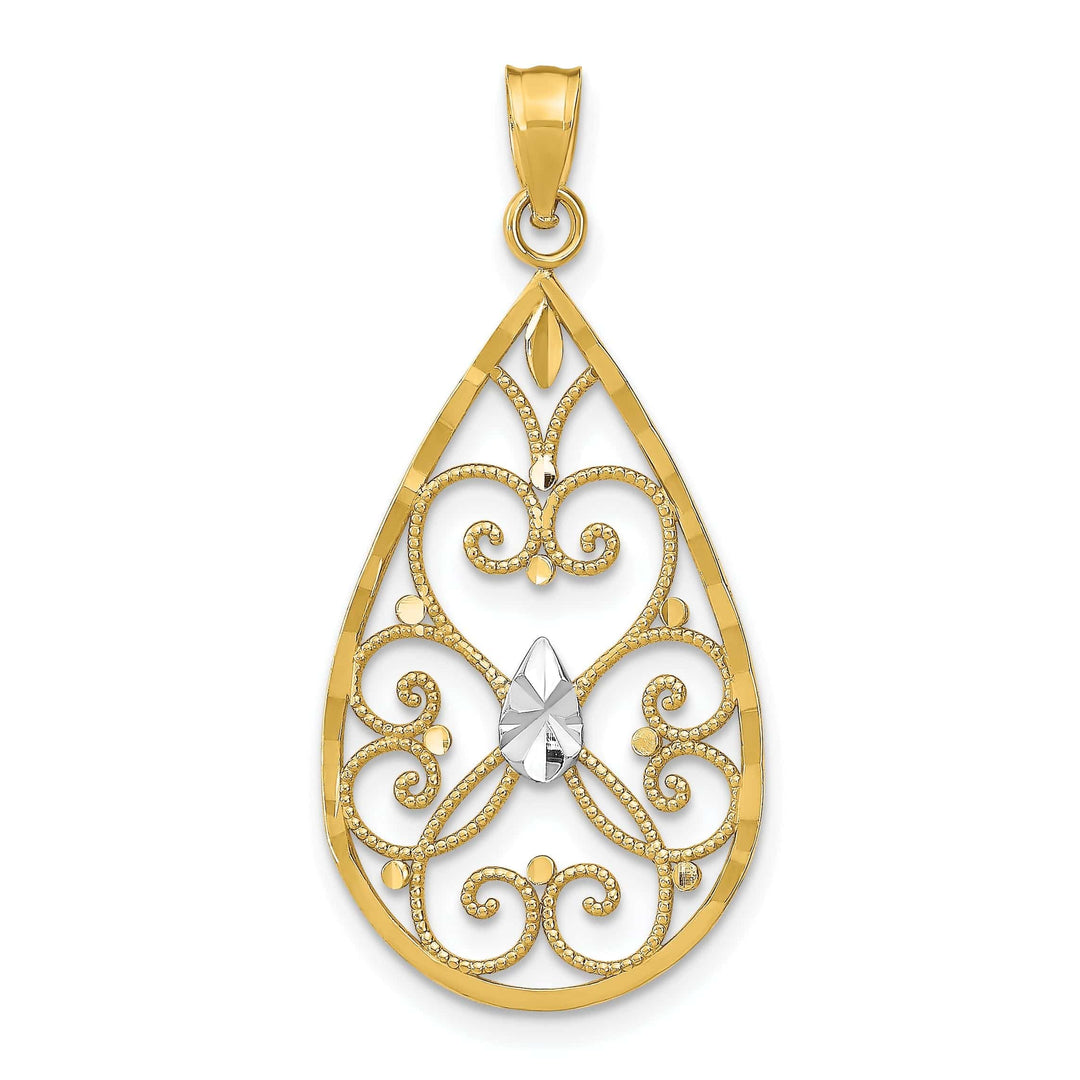 Lovely Rita's Pendants & Charms 14K Yellow Gold, White Rhodium Polished Diamond Cut Finish Beaded Hearts Filigree Teardrop Design Pendant