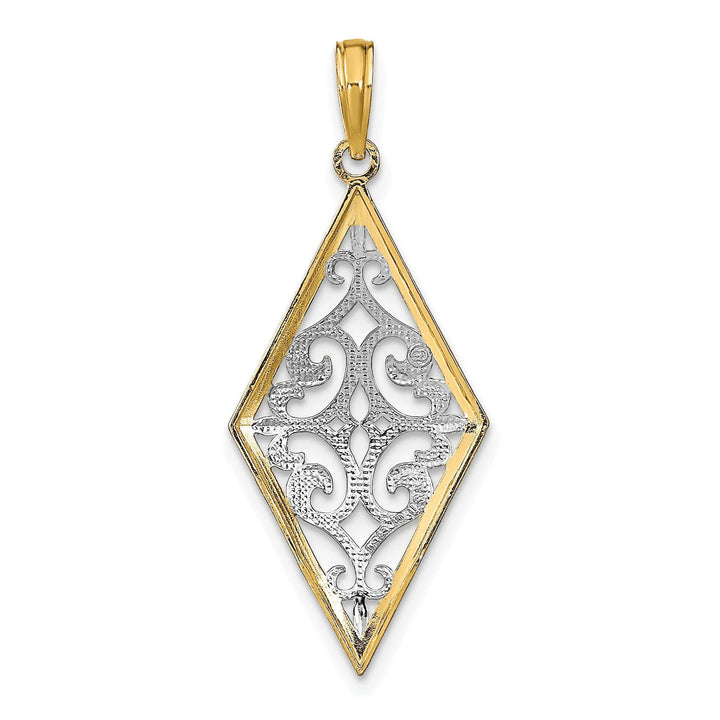 Lovely Rita's Pendants & Charms 14K Yellow Gold, White Rhodium Polished Diamond Cut Finish Diamond Shape Cut-Out Filigree Design Pendant