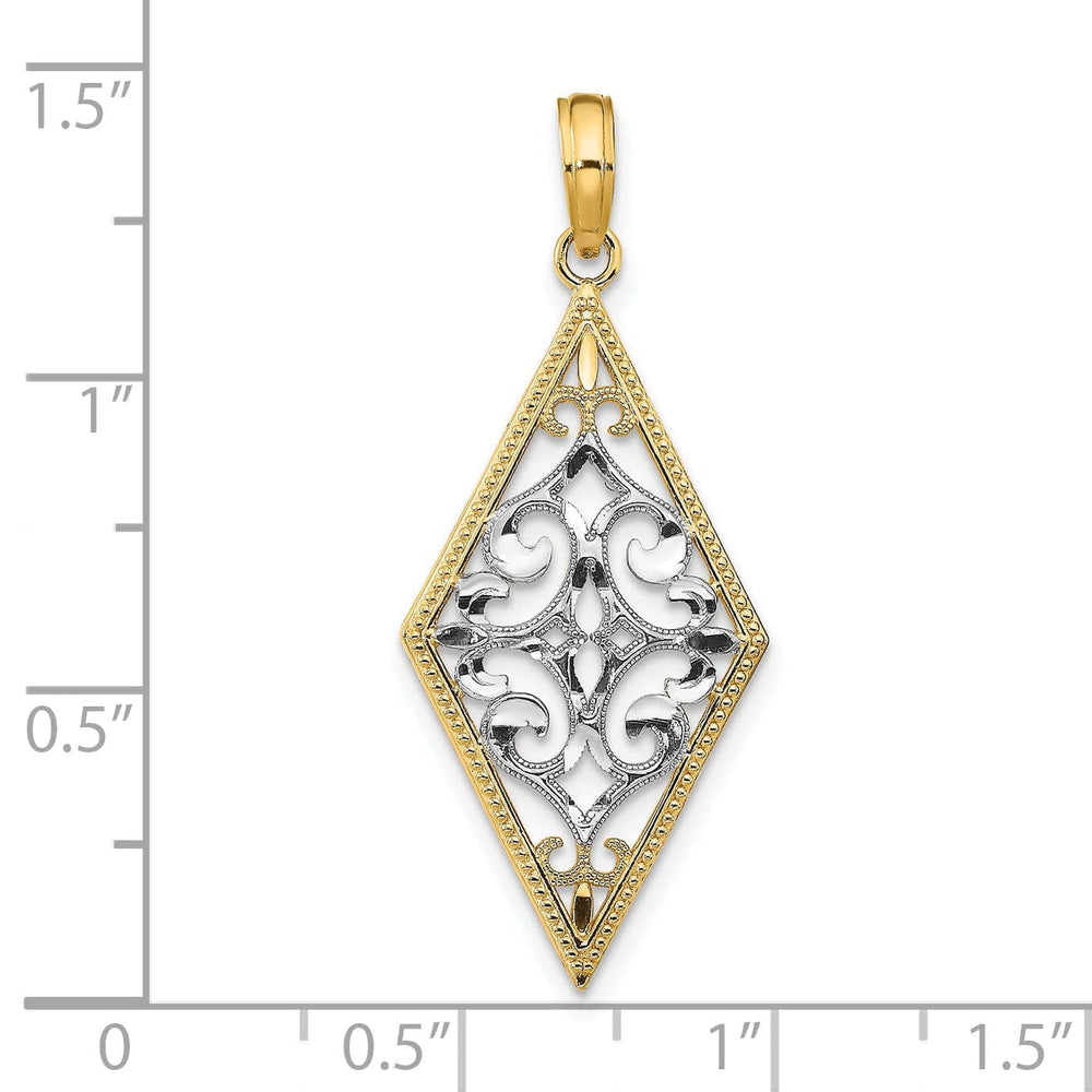 Lovely Rita's Pendants & Charms 14K Yellow Gold, White Rhodium Polished Diamond Cut Finish Diamond Shape Cut-Out Filigree Design Pendant