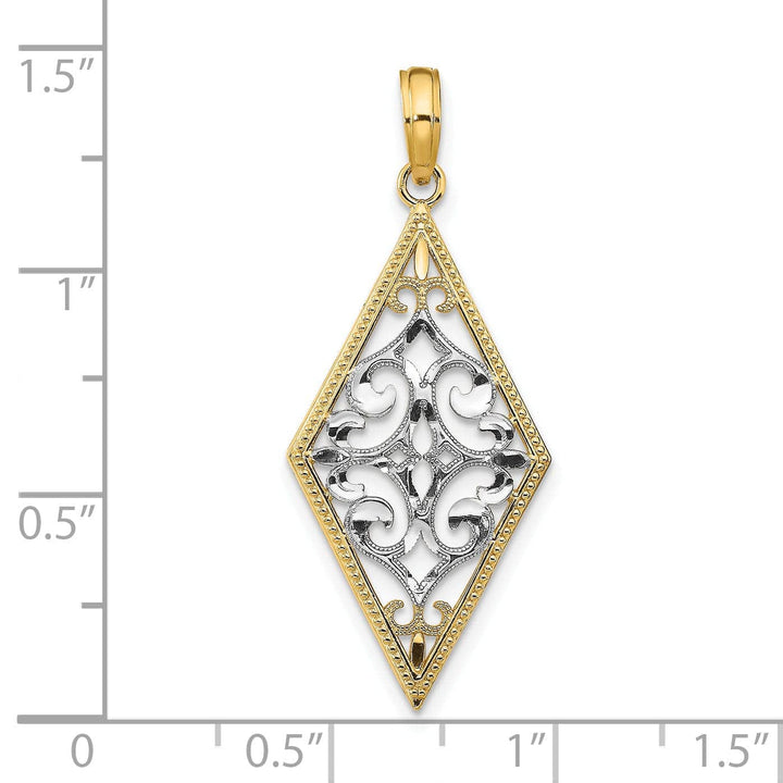 Lovely Rita's Pendants & Charms 14K Yellow Gold, White Rhodium Polished Diamond Cut Finish Diamond Shape Cut-Out Filigree Design Pendant