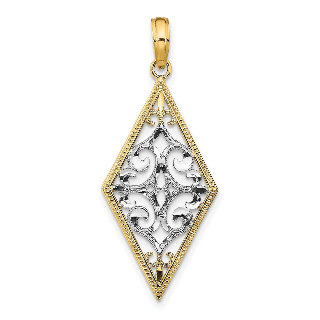 Lovely Rita's Pendants & Charms 14K Yellow Gold, White Rhodium Polished Diamond Cut Finish Diamond Shape Cut-Out Filigree Design Pendant