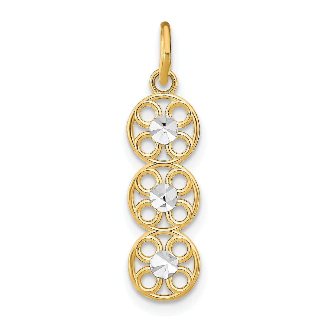 Lovely Rita's Pendants & Charms 14K Yellow Gold, White Rhodium Polished Diamond Cut Finish Filigree 3 Circle Design Pendant