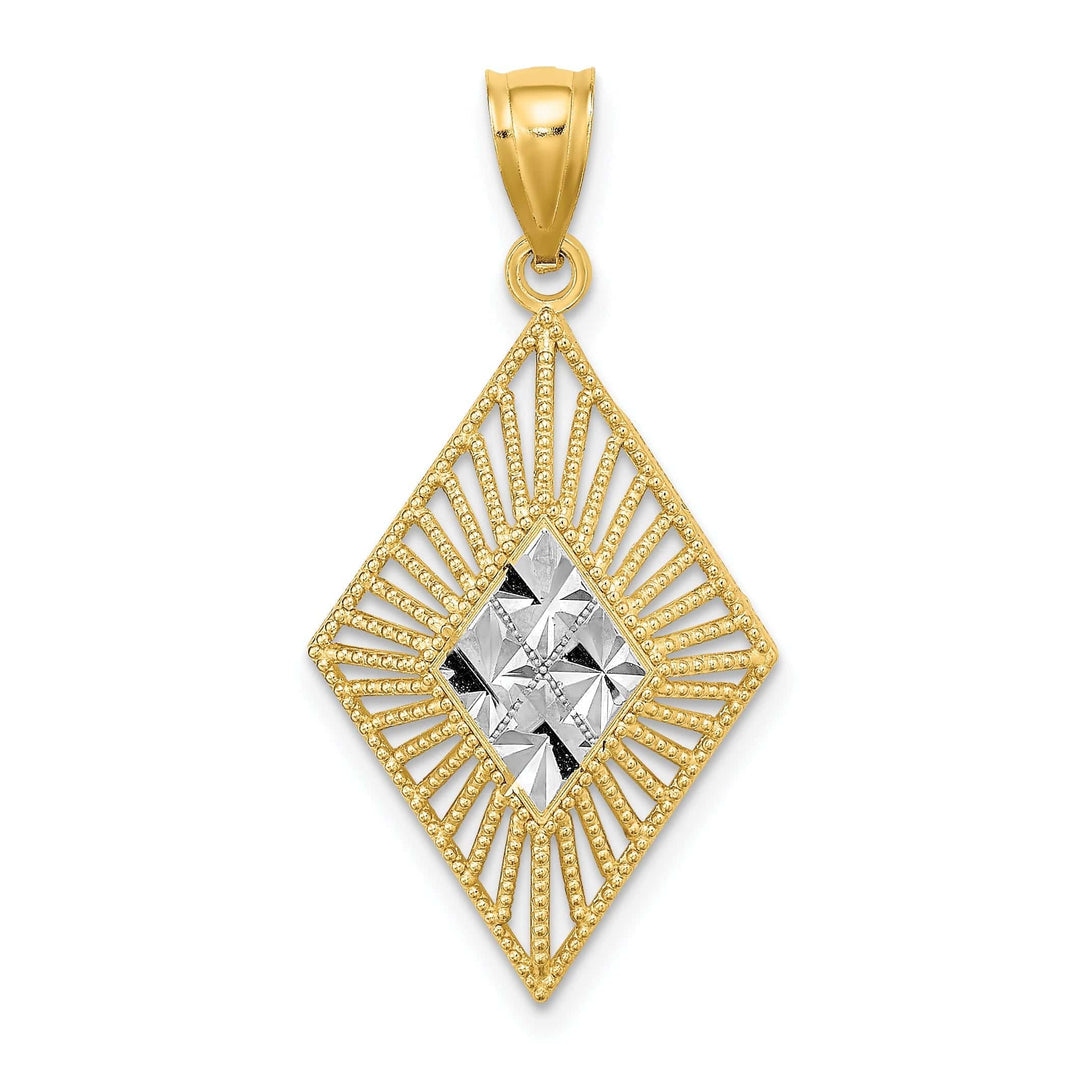 Lovely Rita's Pendants & Charms 14K Yellow Gold, White Rhodium Polished Diamond Cut Finish Filigree Beaded Diamond Shape Design Pendant