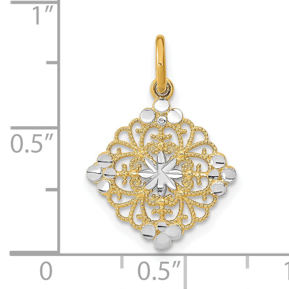 Lovely Rita's Pendants & Charms 14K Yellow Gold, White Rhodium Polished Diamond Cut Finish Filigree Medallion Design Pendant