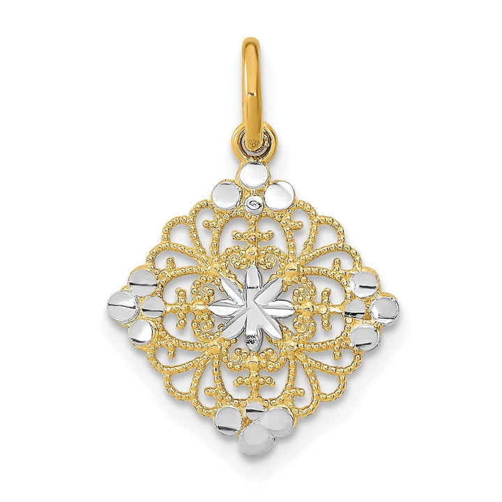 Lovely Rita's Pendants & Charms 14K Yellow Gold, White Rhodium Polished Diamond Cut Finish Filigree Medallion Design Pendant