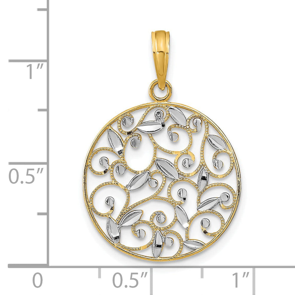 Lovely Rita's Pendants & Charms 14K Yellow Gold, White Rhodium Polished Diamond Cut Finish Round Filigree Design Pendant