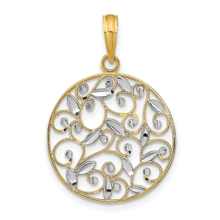 Lovely Rita's Pendants & Charms 14K Yellow Gold, White Rhodium Polished Diamond Cut Finish Round Filigree Design Pendant