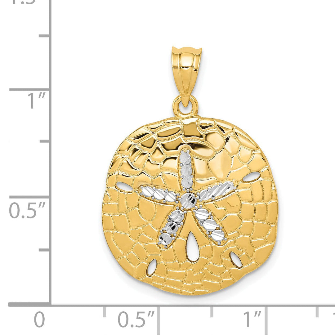 Lovely Rita's Pendants & Charms 14K Yellow Gold, White Rhodium Polished Diamond Cut Finish Solid Sand Sea Dollar Charm Pendant