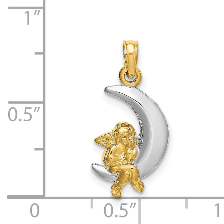 Lovely Rita's Pendants & Charms 14K Yellow Gold White Rhodium Polished Finish 3-Diamentional Angel Sitting on the Moon Charm Pendant