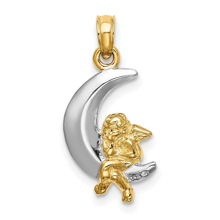 Lovely Rita's Pendants & Charms 14K Yellow Gold White Rhodium Polished Finish 3-Diamentional Angel Sitting on the Moon Charm Pendant