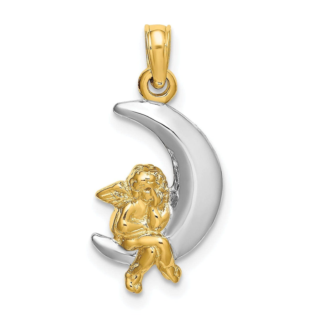 Lovely Rita's Pendants & Charms 14K Yellow Gold White Rhodium Polished Finish 3-Diamentional Angel Sitting on the Moon Charm Pendant