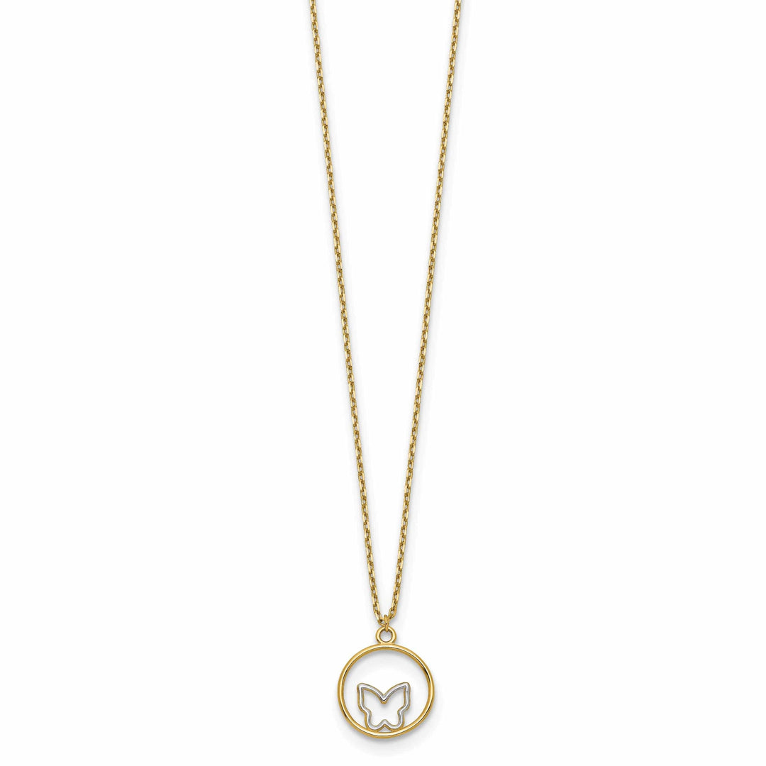 Lovely Rita's Pendants & Charms 14k Yellow Gold, White Rhodium Polished Finish Butterfly in Circle Design Pendant in a 18-inch Cable Chain Necklace Set