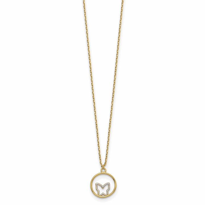 Lovely Rita's Pendants & Charms 14k Yellow Gold, White Rhodium Polished Finish Butterfly in Circle Design Pendant in a 18-inch Cable Chain Necklace Set