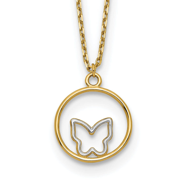 Lovely Rita's Pendants & Charms 14k Yellow Gold, White Rhodium Polished Finish Butterfly in Circle Design Pendant in a 18-inch Cable Chain Necklace Set