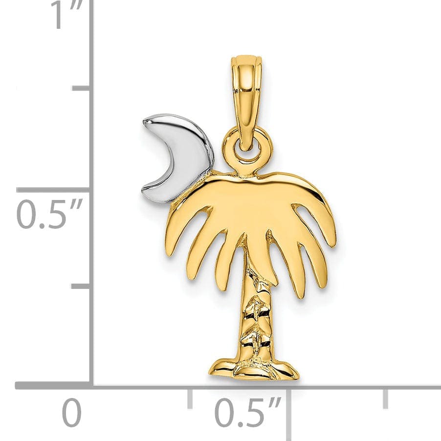 Lovely Rita's Pendants & Charms 14K Yellow Gold, White Rhodium Polished Finish Concave Shape Charelston Palm Tree with Moon Charm Pendant
