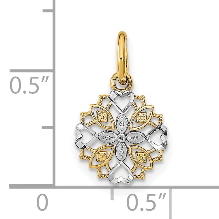 Lovely Rita's Pendants & Charms 14K Yellow Gold, White Rhodium Polished Finish Cut-Out Heart Edge Flower Design Pendant