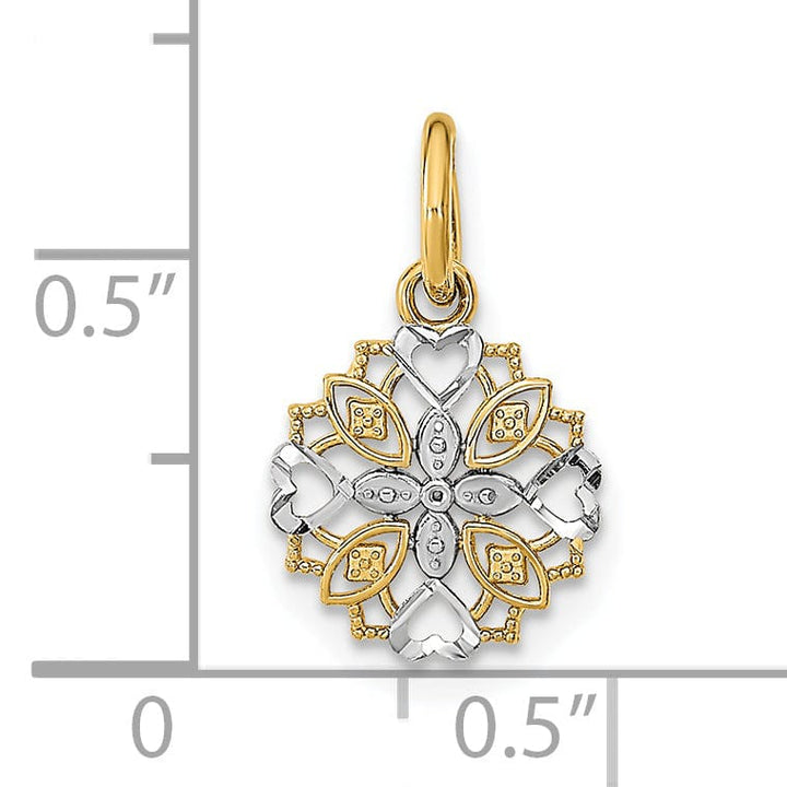 Lovely Rita's Pendants & Charms 14K Yellow Gold, White Rhodium Polished Finish Cut-Out Heart Edge Flower Design Pendant
