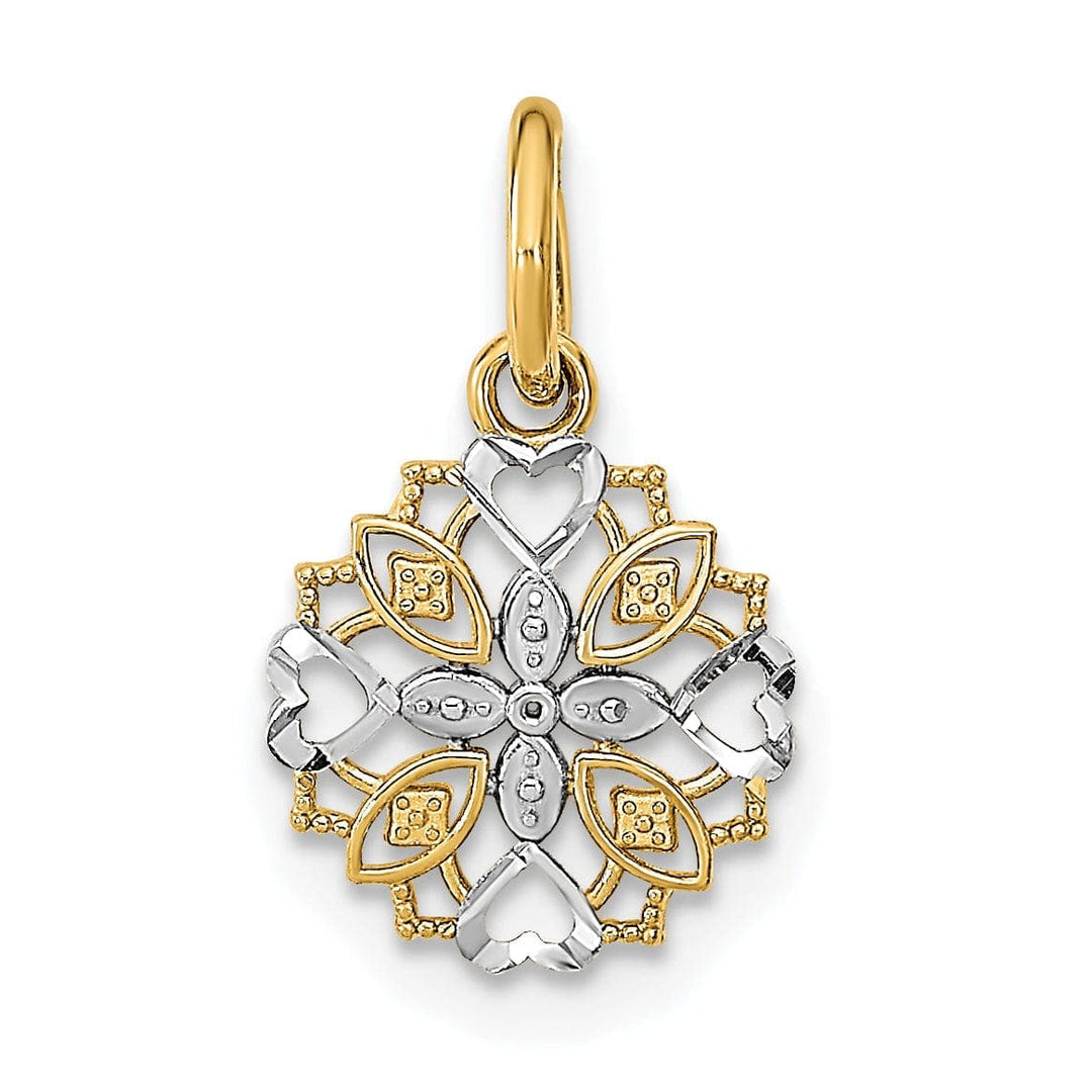 Lovely Rita's Pendants & Charms 14K Yellow Gold, White Rhodium Polished Finish Cut-Out Heart Edge Flower Design Pendant