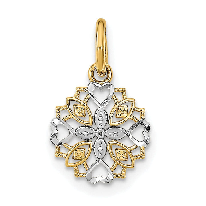 Lovely Rita's Pendants & Charms 14K Yellow Gold, White Rhodium Polished Finish Cut-Out Heart Edge Flower Design Pendant