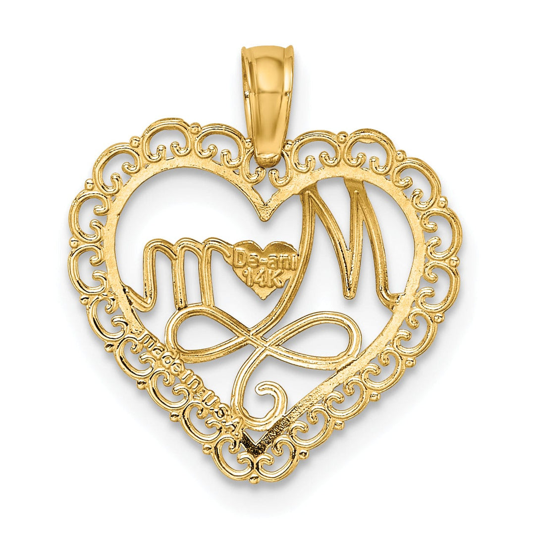 Lovely Rita's Pendants & Charms 14k Yellow Gold, White Rhodium Polished Finish Cut Out MOM in Scallop Heart Fancy Design Charm Pendant